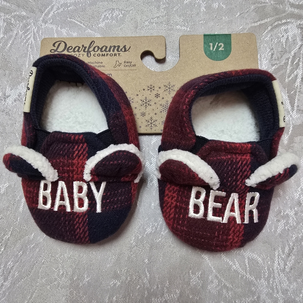 Dearfoams Cozy Comfort Baby Bear Slippers Memory Foam Plaid Size 1/2 New Infant